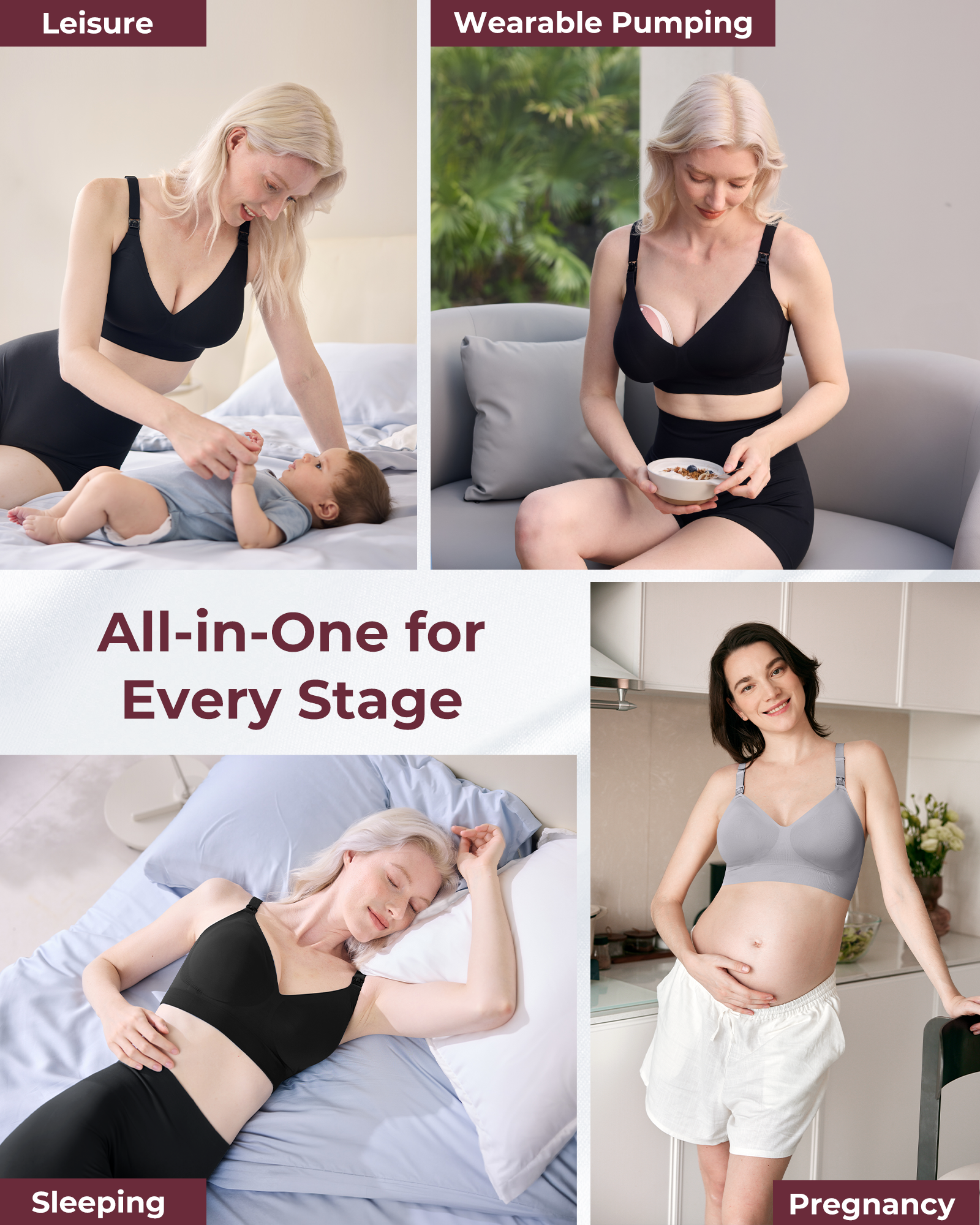 Momcozy CoolFit Ultra Stretch nursing bra shown for every stage: pregnancy, leisure, wearable pumping, and comfortable sleep.