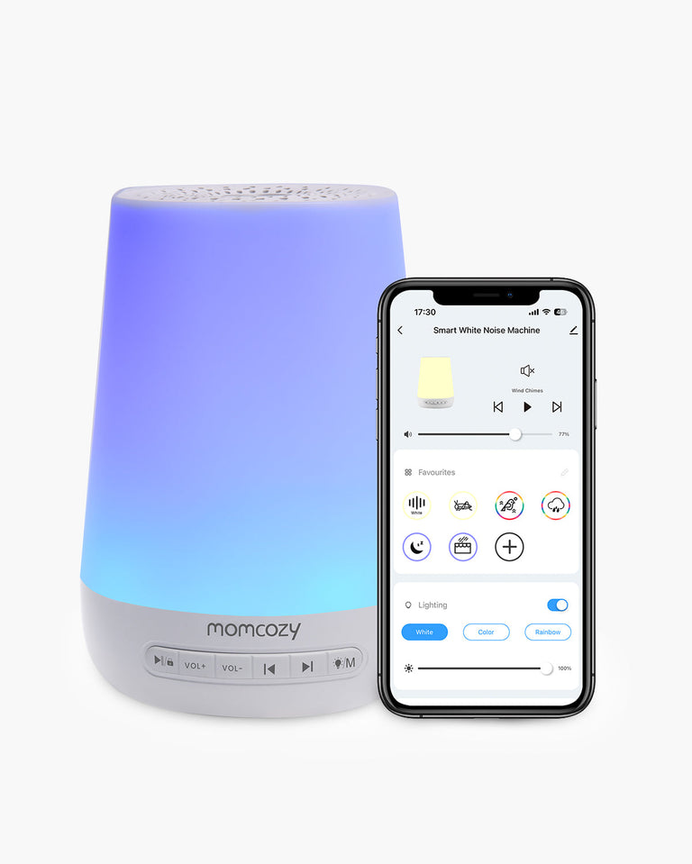 Translation missing: pl.Momcozy Smart White Noise Machine with App Remote Control, featuring white, color, and rainbow lighting options for babies