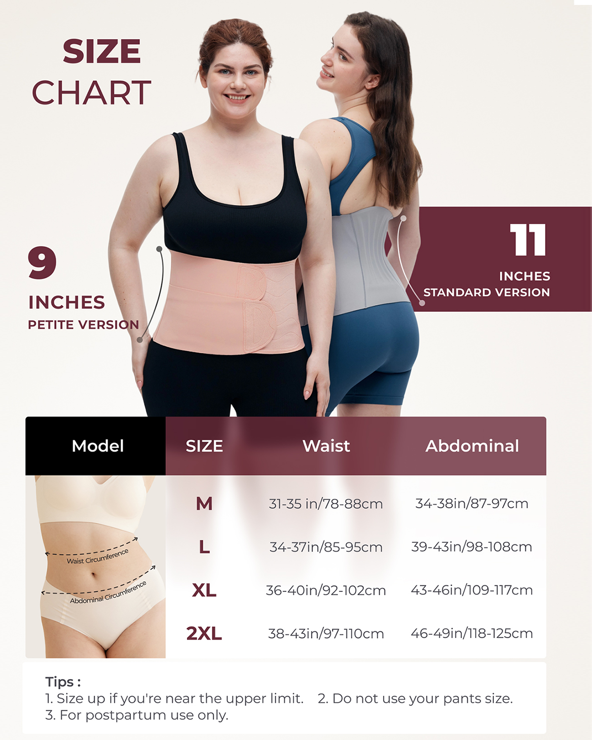 Momcozy Ergowrap Postpartum Belly Band size chart: measurements for Petite & Standard postpartum support bands