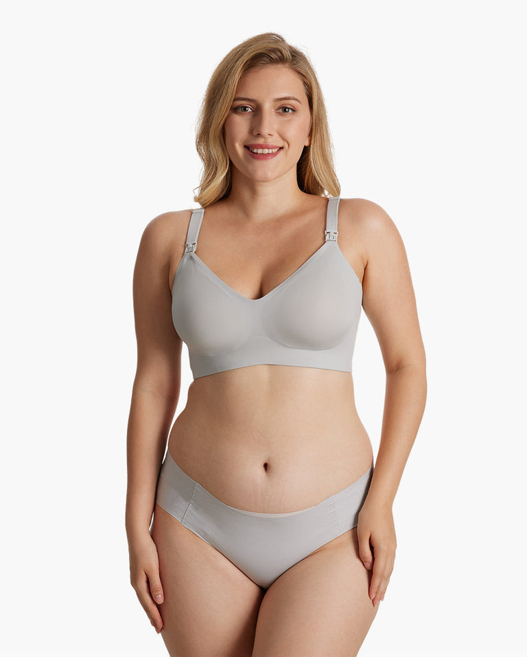 Translation missing: en.Model in light taupe YN21 Ultra Soft Seamless Nursing Bra &amp; briefs, showing V-neck, smooth fabric, and M5 pump access