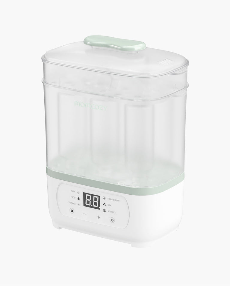 Translation missing: de.Momcozy 8-in-1 baby bottle steam sterilizer and dryer with LED countdown display, buttons for functionality, and transparent top cover