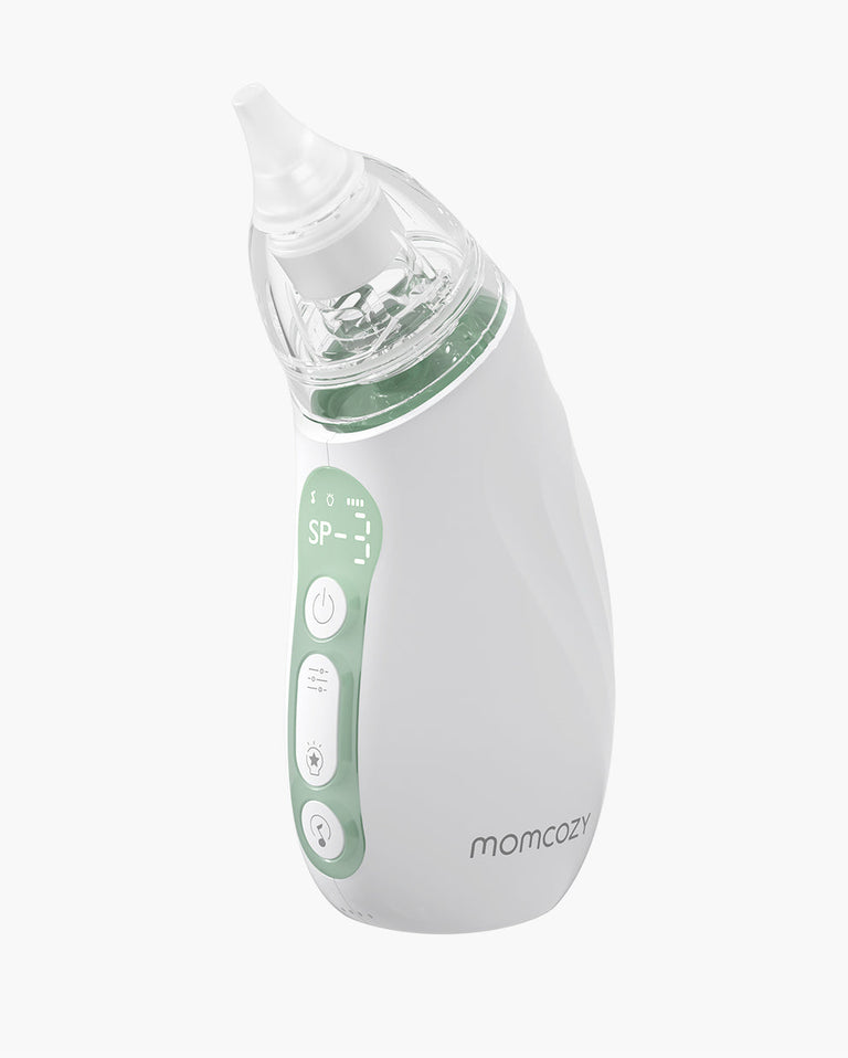 Translation missing: en.White Momcozy baby nasal aspirator SP-3 with green accents, power button, and adjustable suction levels