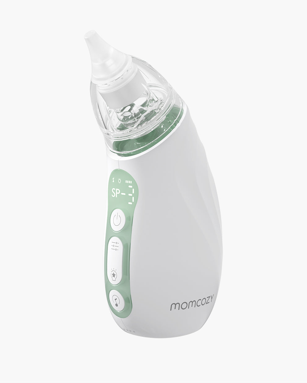 White Momcozy baby nasal aspirator SP-3 with green accents, power button, and adjustable suction levels.