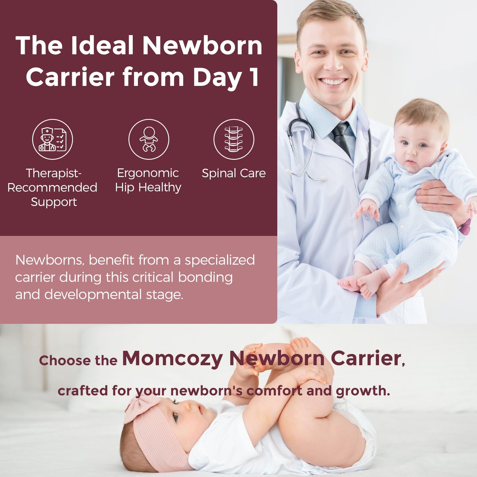 Momcozy Newborn Carrier: Therapist-recommended, ergonomic design ensures newborn comfort & spinal care from day one.