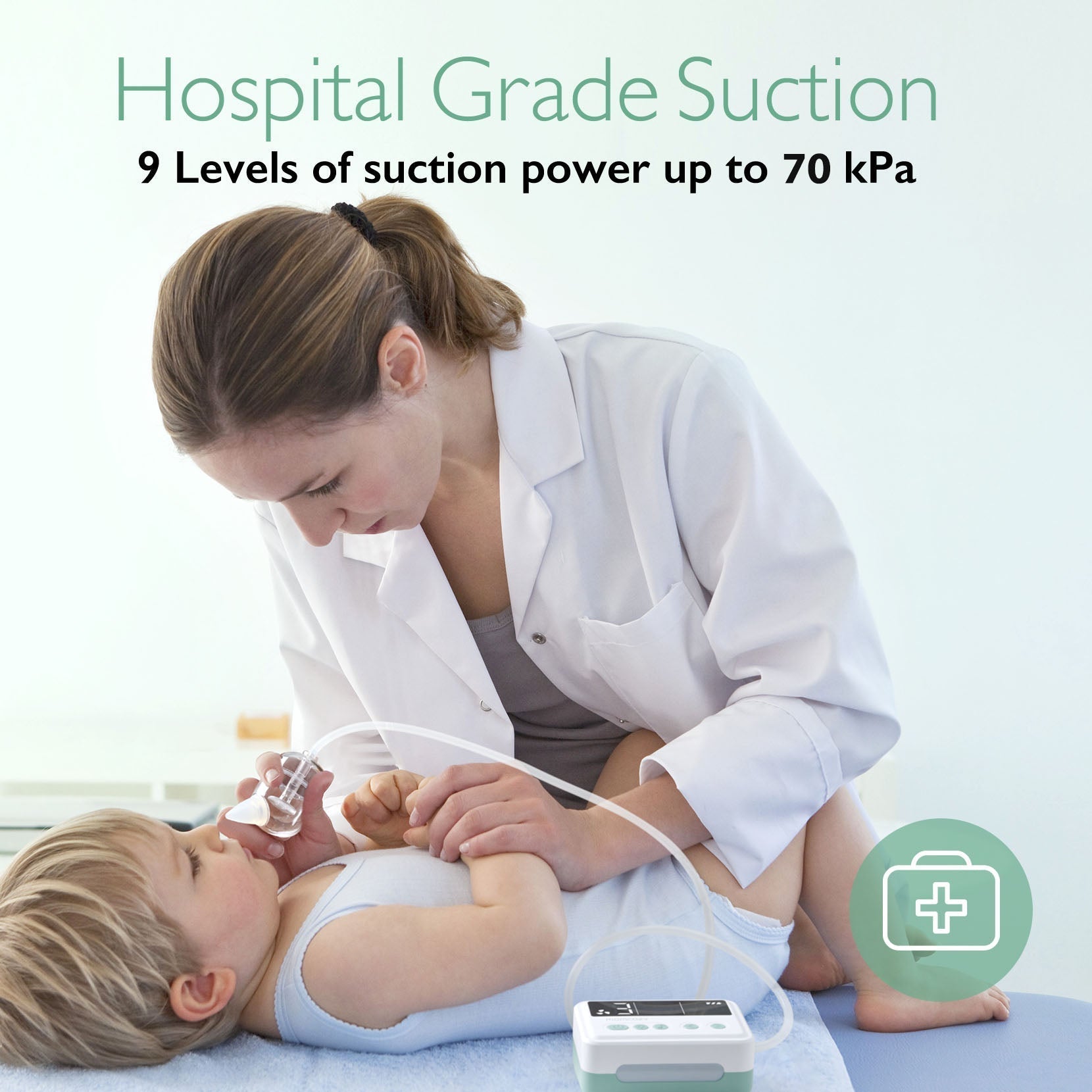 Momcozy Hospital Grade Nasal Aspirator with 9 suction levels up to 70 kPa, used by a nurse on a baby.