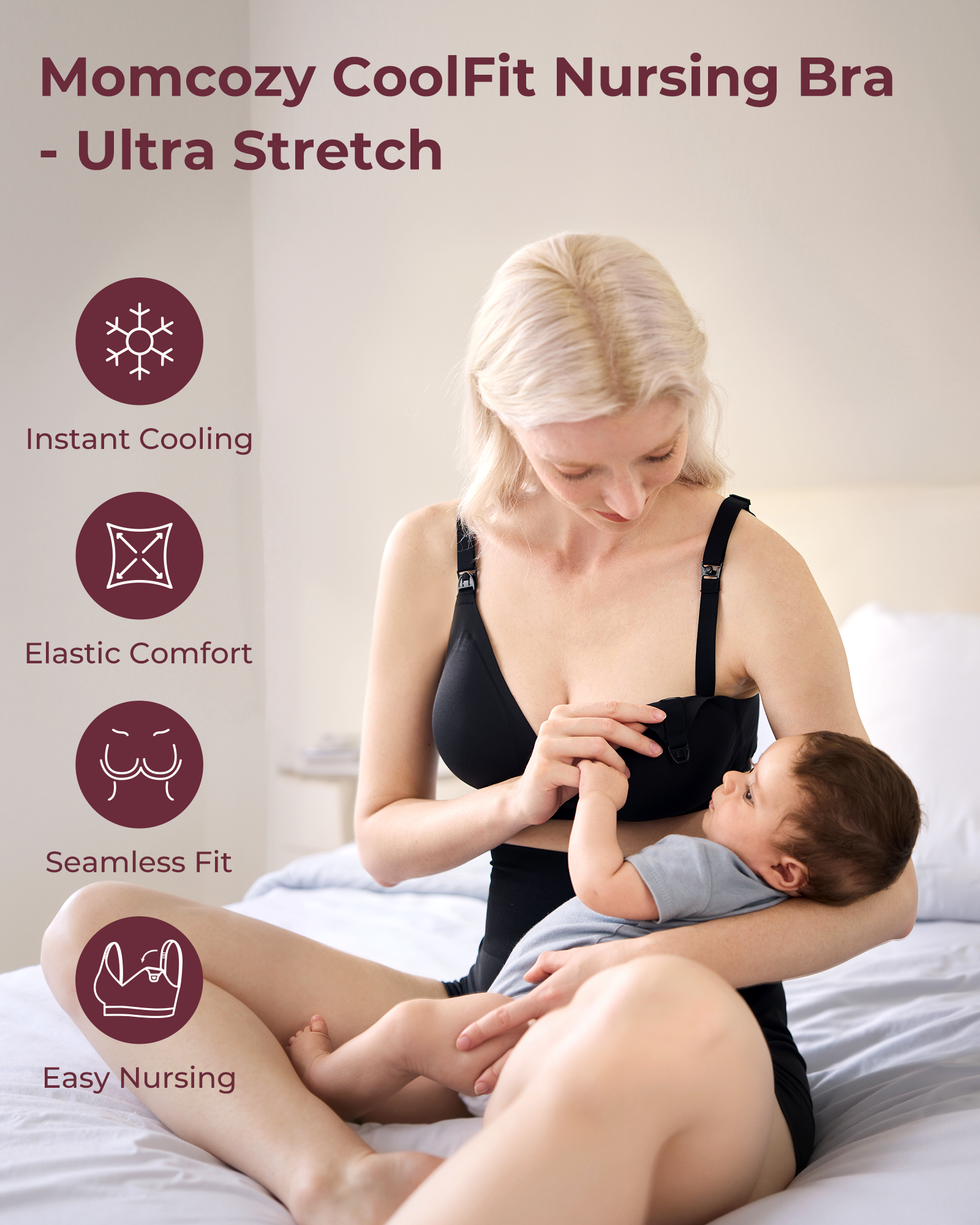 Momcozy CoolFit Ultra Stretch black nursing bra on blonde mom embracing baby, showcasing seamless fit & easy nursing.