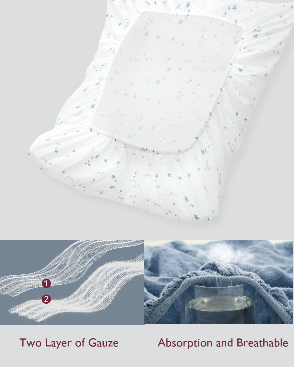 Momcozy Muslin Fitted Crib Sheets - 2 sizes - Blue White Star Moon