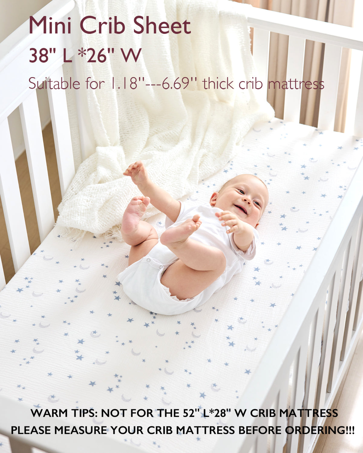 Momcozy Muslin Fitted Crib Sheets - 2 sizes - Blue White Star Moon