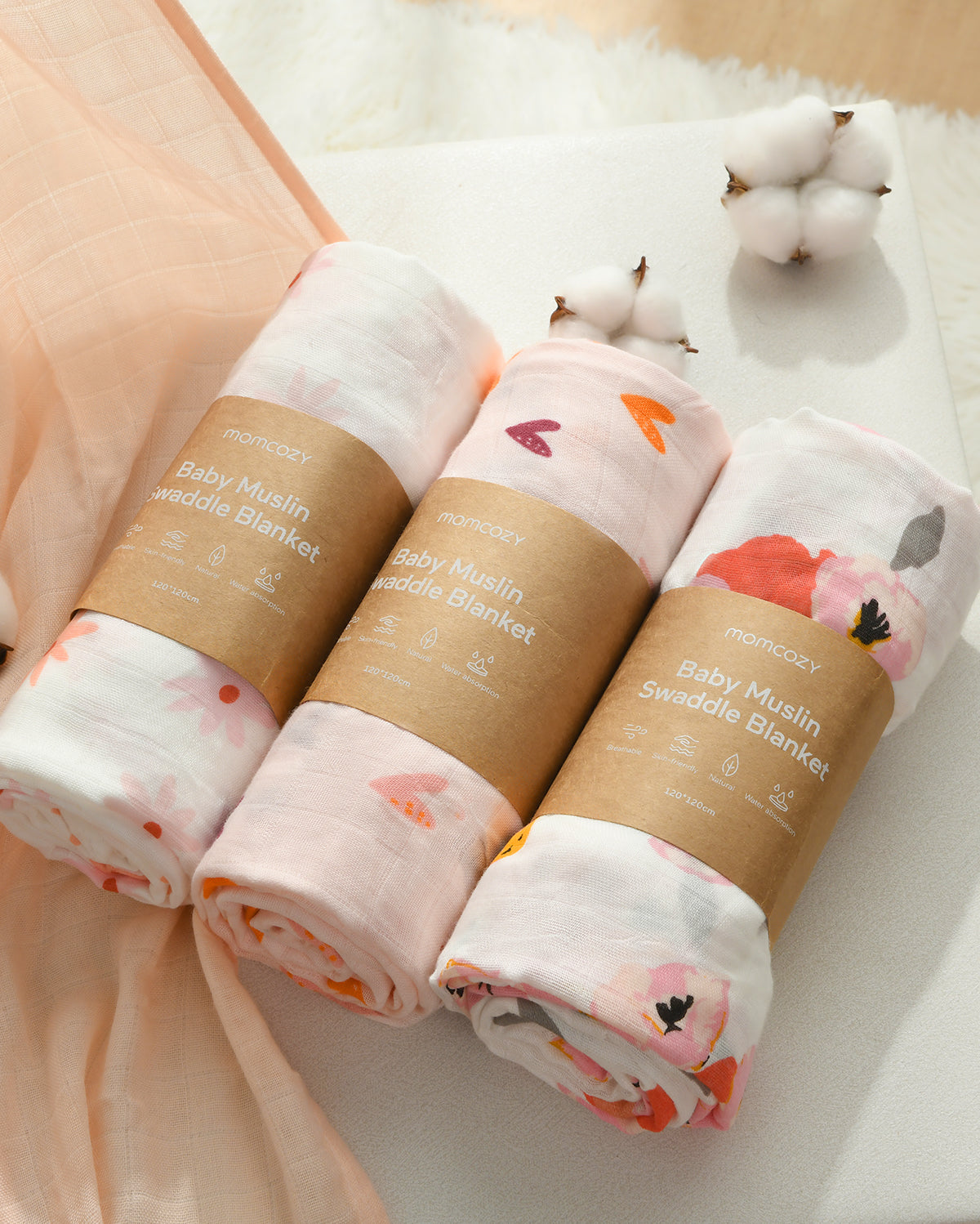 Momcozy Weichheit Swaddle Decken - Herzblume (4 Pack)