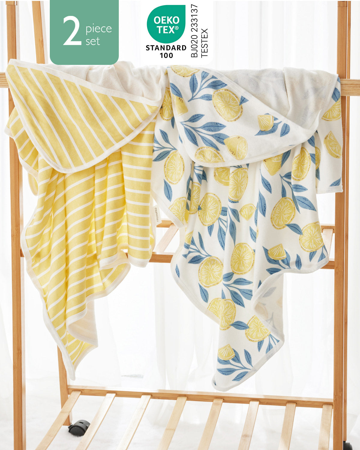 Lot de 2 serviettes à capuche pour bébé Momcozy – Motif Lemon Leaves