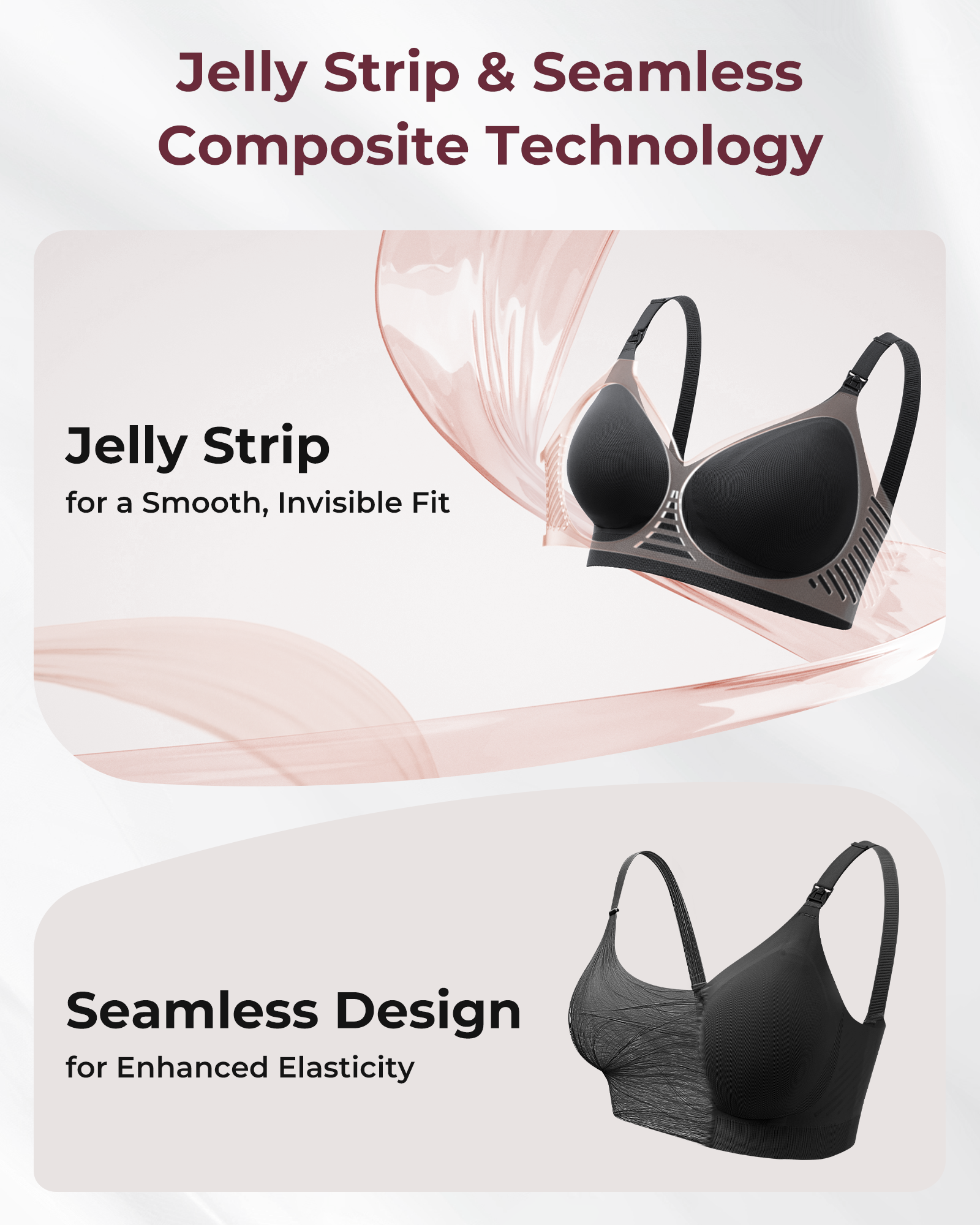 Momcozy CoolFit black Ultra Stretch nursing bra: Jelly Strip for smooth invisible fit, seamless design for elasticity.
