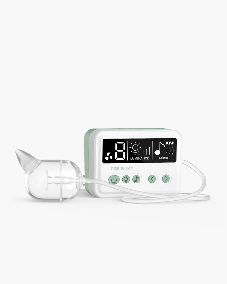 Translation missing: th.Momcozy electric nasal aspirator with digital display showing suction, luminance, and music settings. Includes collection bulb and buttons