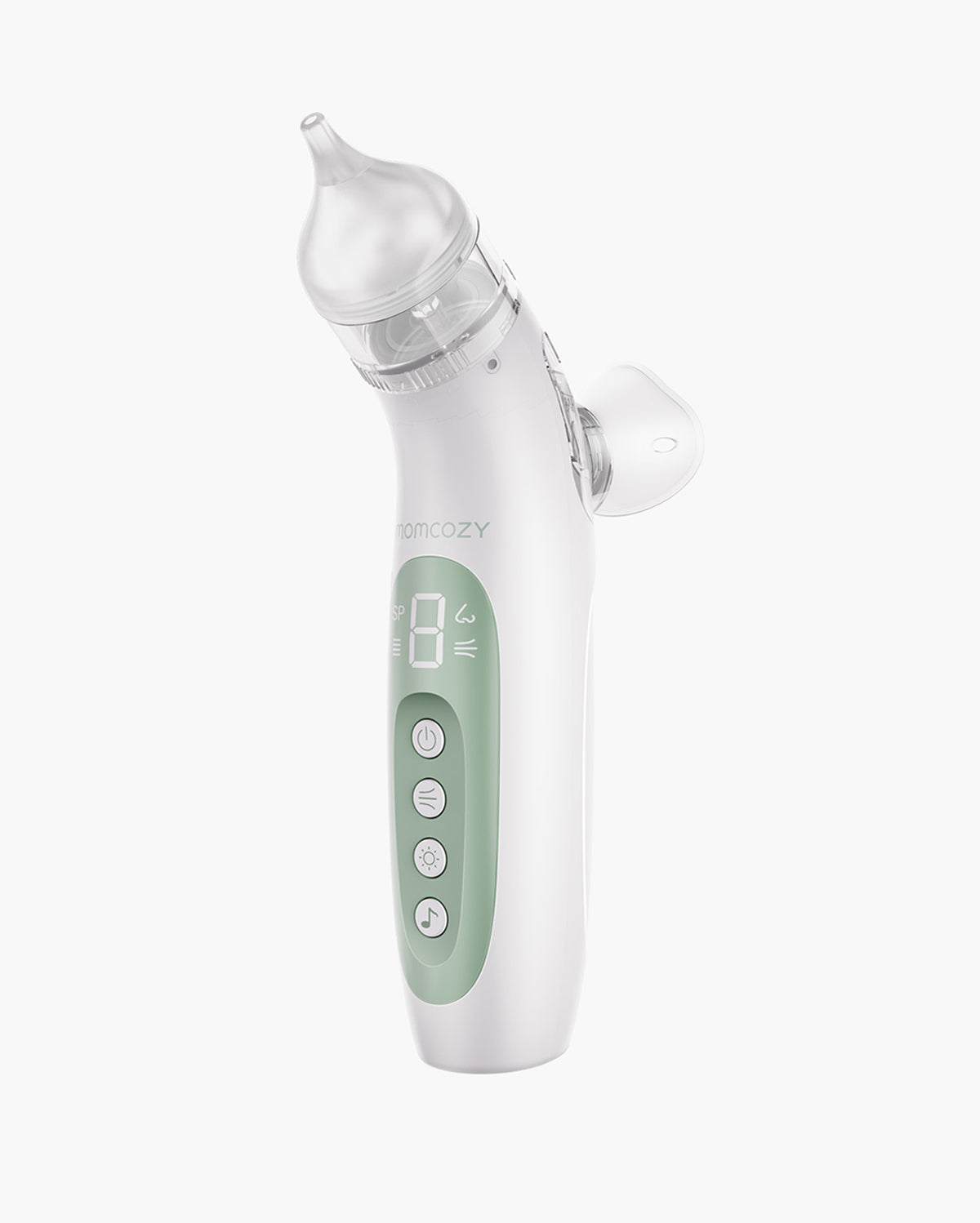 Translation missing: de.Momcozy BreezyClear electric nasal aspirator with digital display and control buttons in white and green