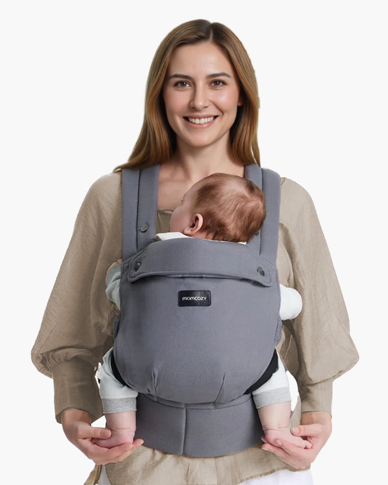 Translation missing: en.Momcozy PureHug Baby Carrier in Grey, comfortable baby carrier for baby, held by mom, with Momcozy logo