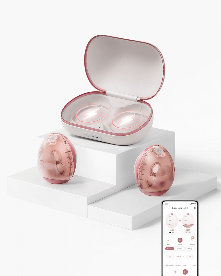 Translation missing: pl.Momcozy Air 1 ultra-slim breast pumps in rose gold with charging case and app control on smartphone, product display