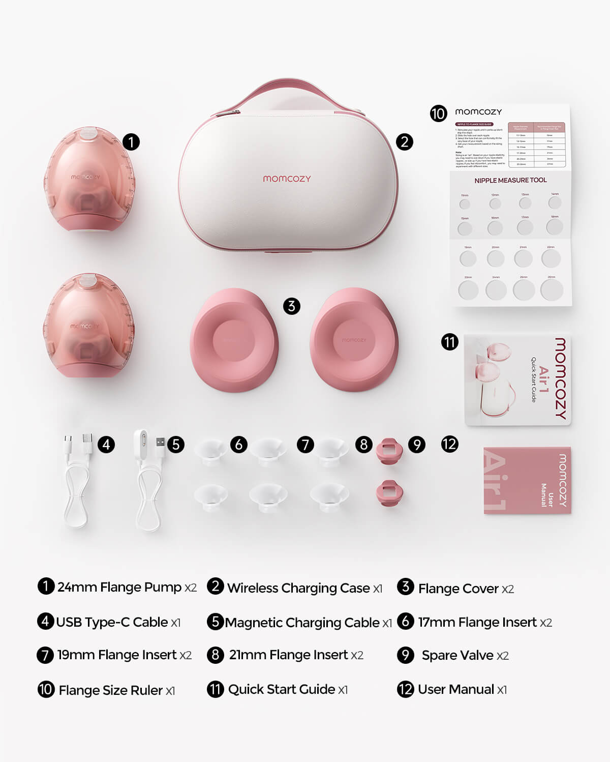 Momcozy Air 1 breast pump kit: pumps, charging case, flange covers, inserts, valves, cables, ruler, guides, manual.