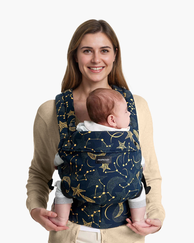 Translation missing: th.Momcozy PureHug baby carrier in Starry Night color. Navy blue and golden star pattern, comfortable baby carrier