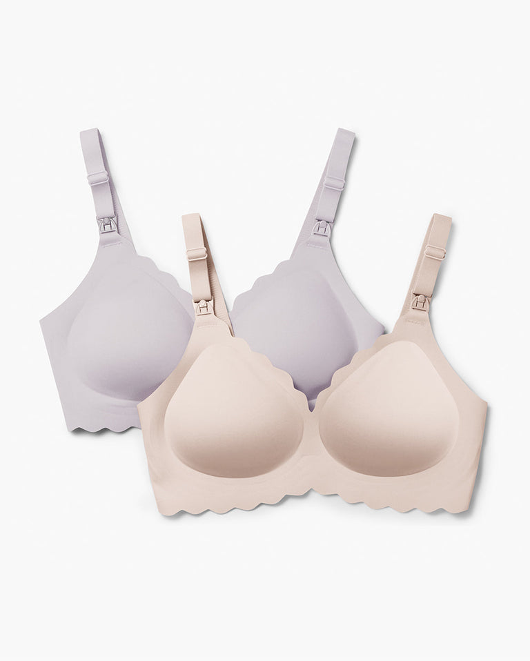 Translation missing: de.Light beige and lavender Jelly Strip Seamless Nursing Bras YN46, featuring scalloped edges and M9 Pump nursing clips