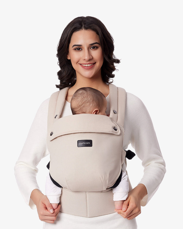 Translation missing: de.Momcozy PureHug Baby Carrier in Khaki, showcasing a baby being carried comfortably by a mother