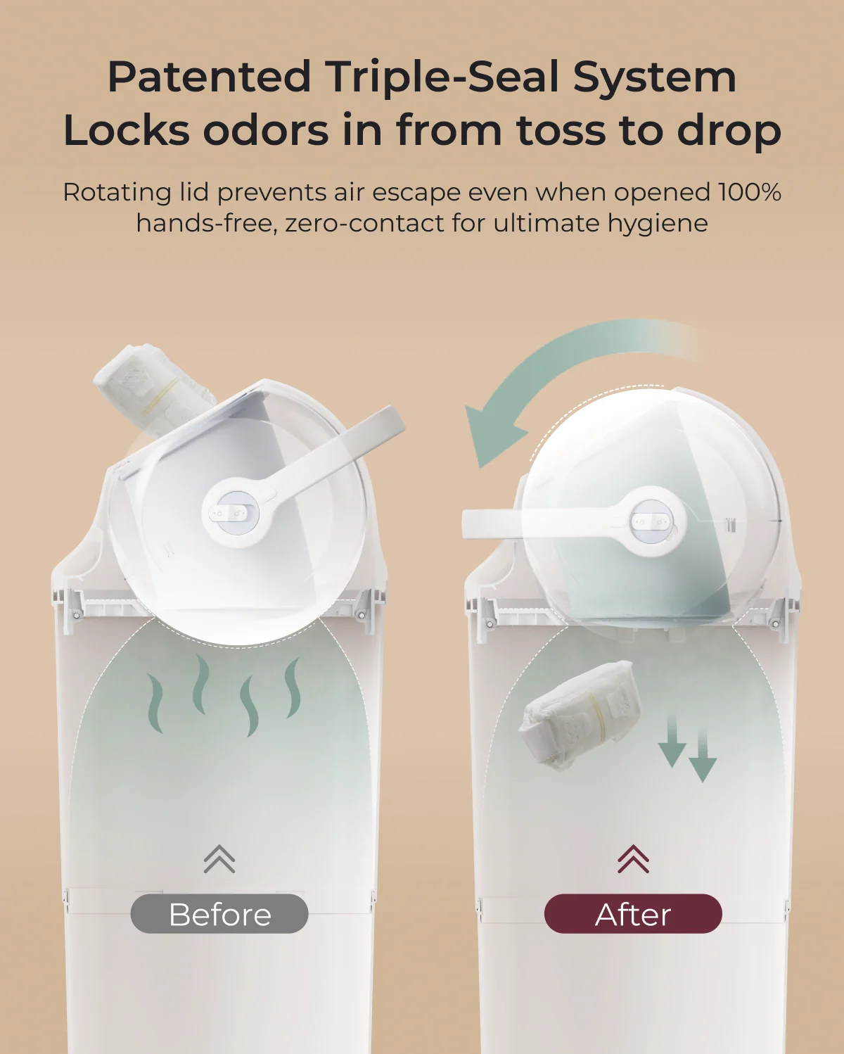 Patented triple-seal diaper pail with hands-free zero-contact disposal and odor-locking lid