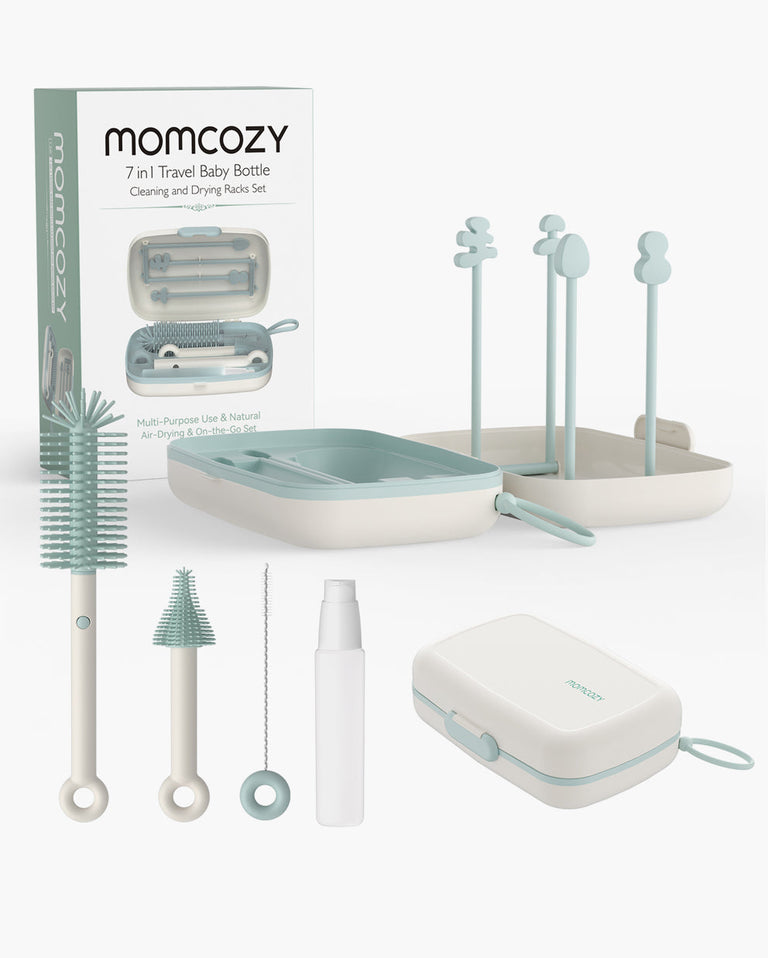Translation missing: pl.Momcozy 7-in-1 travel baby bottle cleaning kit with accessories in teal and white
