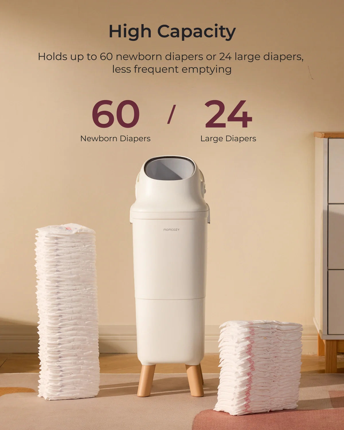 Momcozy Triple-Seal diaper pail in nursery with high-capacity 60/24 diaper storage