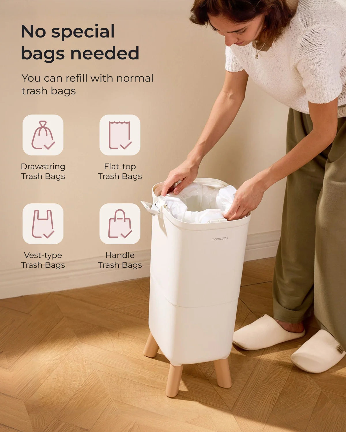 Momcozy Triple-Seal diaper pail with no special bags needed, shown with standard trash bags