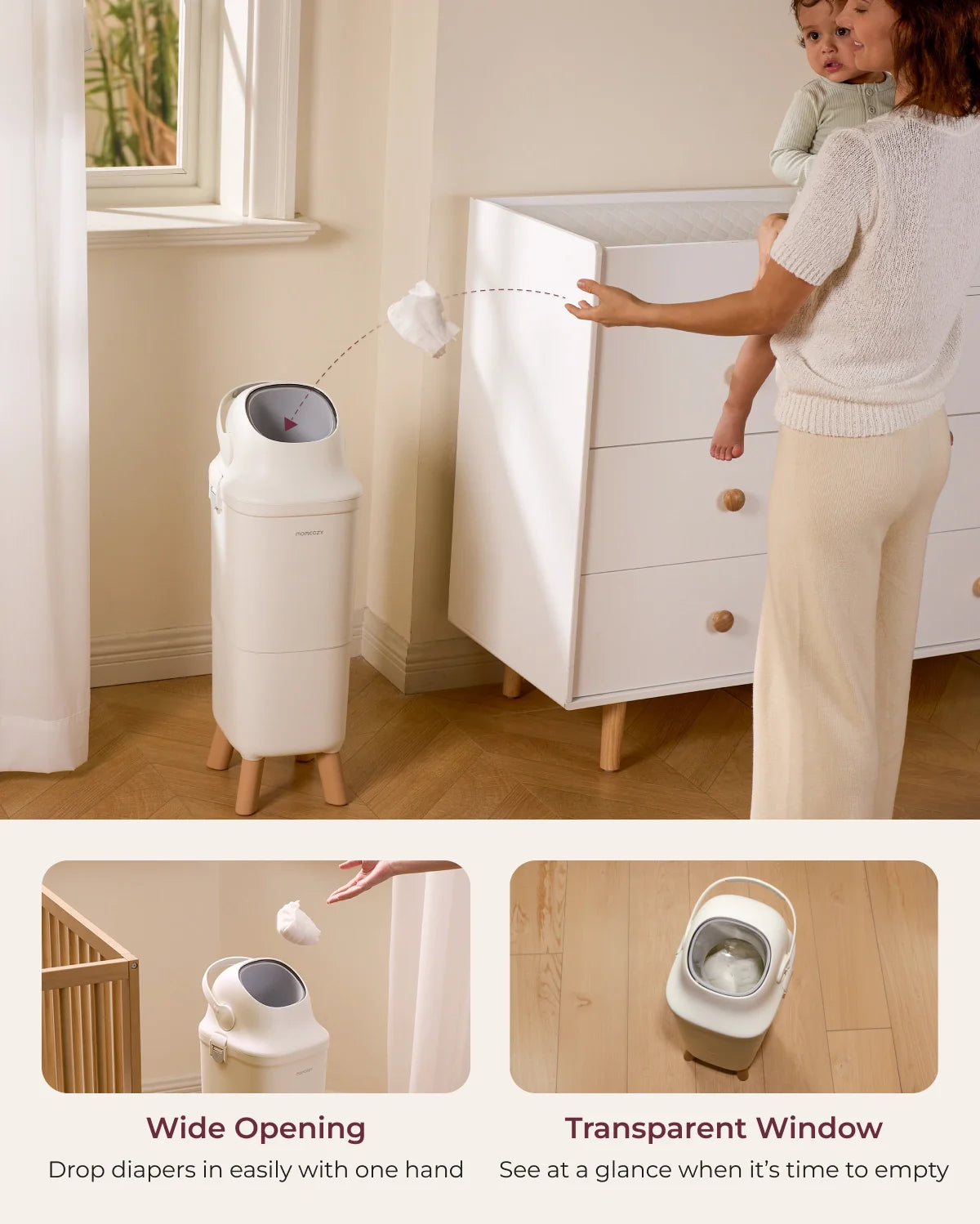 Momcozy Triple-Seal diaper pail with wide opening and transparent window for one-hand diaper disposal
