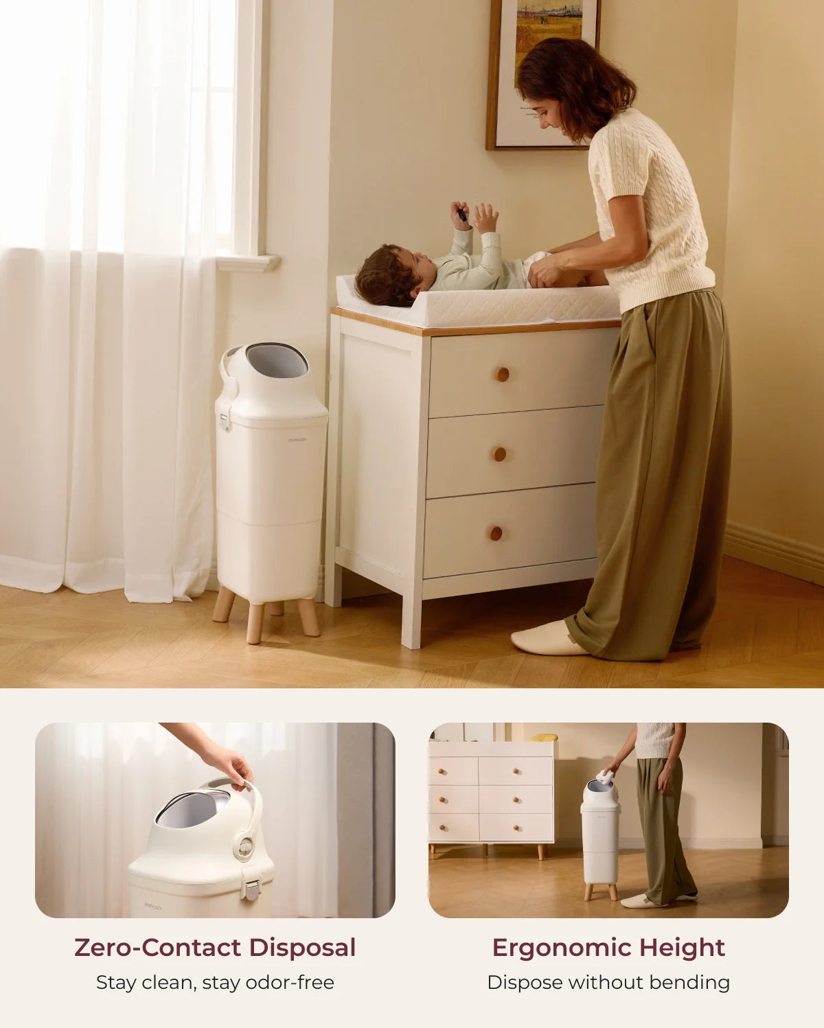 Momcozy Triple-Seal diaper pail with zero-contact disposal, white oval design
