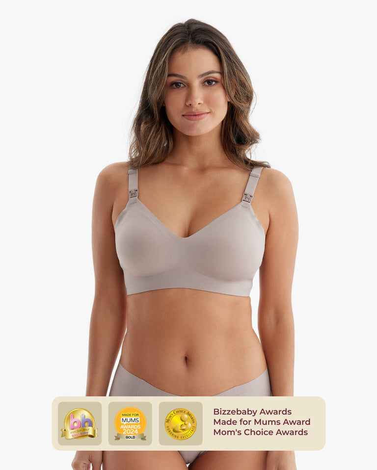 Translation missing: en.Model in light taupe Ultra Soft Seamless Nursing Bra. Comfortable, with silver clips. Award-winning, M5 pump compatible